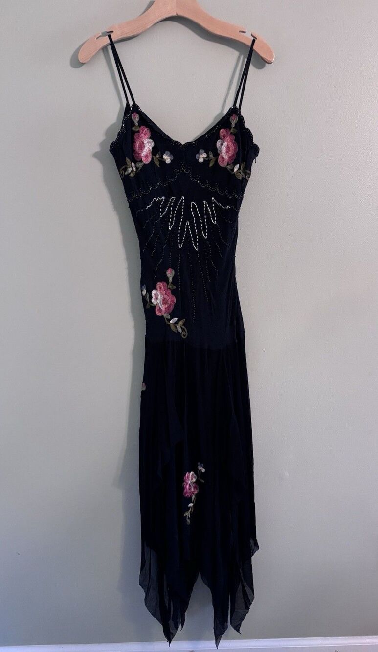 VTG Y2K Cache Silk Maxi Dress Sz 8 Beaded Embroidered Floral Whimsy Fairy Goth - Picture 2 of 16